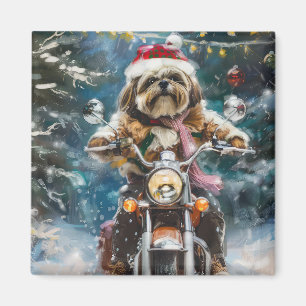 Lhasa Apso Hund Riding Motorcykel jul Magnet
