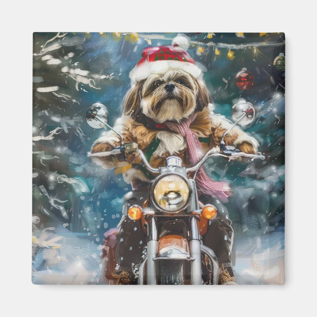 Lhasa Apso Hund Riding Motorcykel jul Magnet (Framsidan)