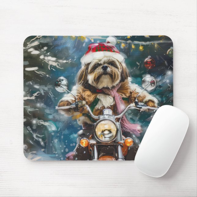Lhasa Apso Hund Riding Motorcykel jul Musmatta (Med mus)