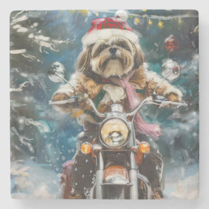 Lhasa Apso Hund Riding Motorcykel jul Stenunderlägg