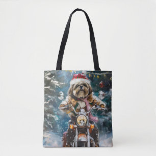 Lhasa Apso Hund Riding Motorcykel jul Tygkasse