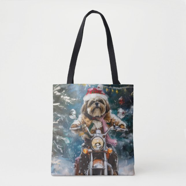 Lhasa Apso Hund Riding Motorcykel jul Tygkasse (Framsida)