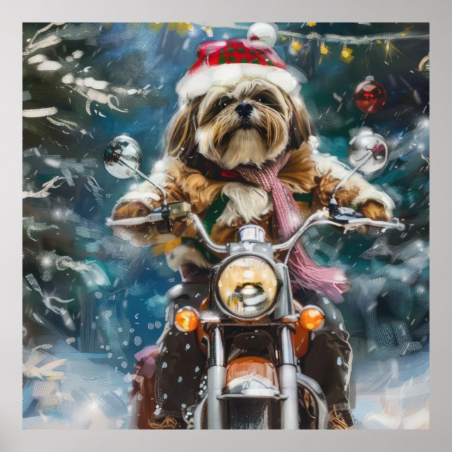 Lhasa Apso Hund Ridning Motorcykel Jul  Poster (Framsidan)