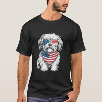 Lhasa Apso Hund USA Flag Solglasögon Patriotisk T Shirt