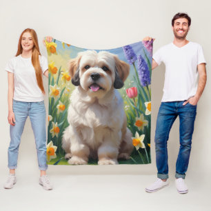 Lhasa Apso Hund Vårblommor Målning Fleecefilt