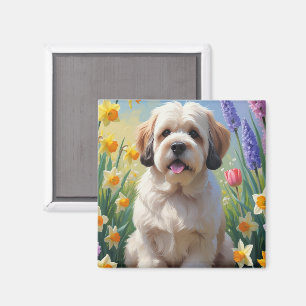 Lhasa Apso Hund Vårblommor Målning Magnet