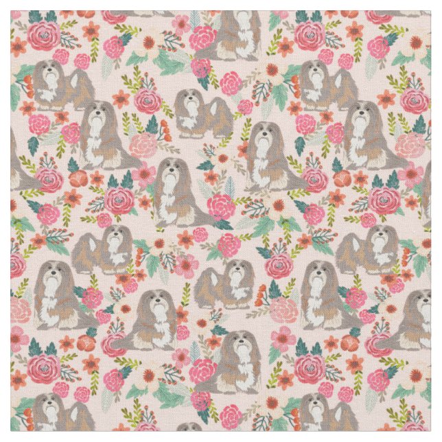 Lhasa Apso hund vintage blommigts pastellrosa Tyg (Närbild)