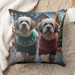 Lhasa Apso Hundar Jul Snö Semester Kudde