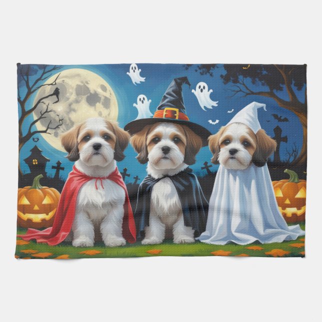 Lhasa Apso Hundar Pumpkin Halloween Funny Kökshandduk (Horisontell)
