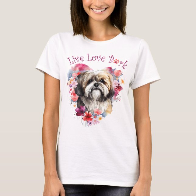 Lhasa Apso Hundmamma Blommig T Shirt (Framsida)