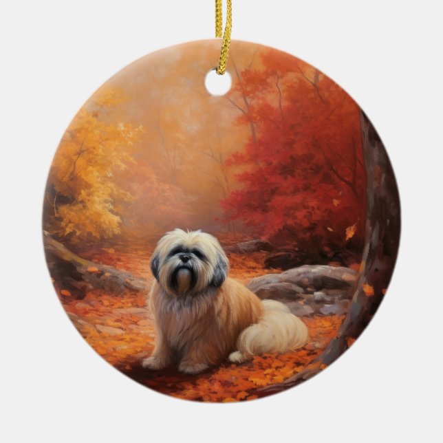 Lhasa Apso i Höst löv Fall Inspire Julgransprydnad Keramik (Framsidan)