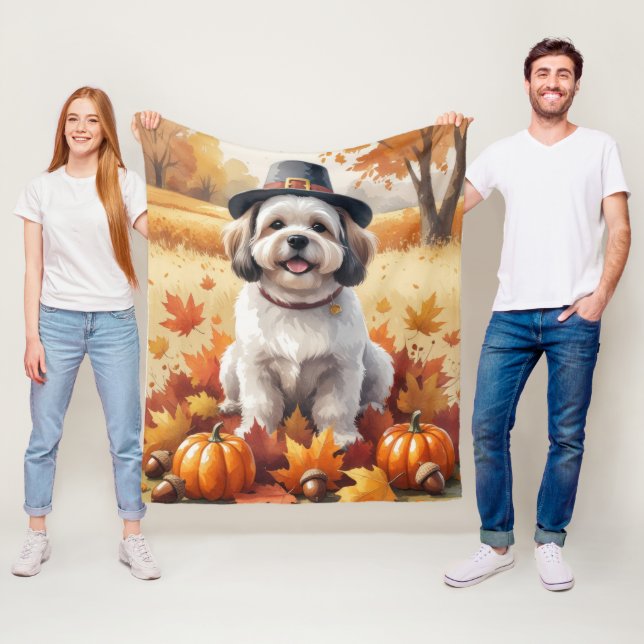 Lhasa Apso i höstlöv tackdagskonst Fleecefilt (På plats)