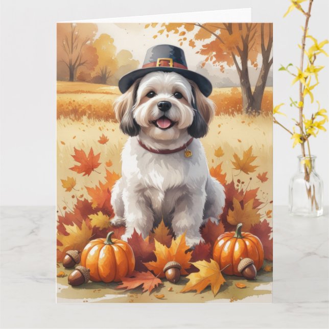 Lhasa Apso i höstlöv tackdagskonst Kort (Gul blomma)