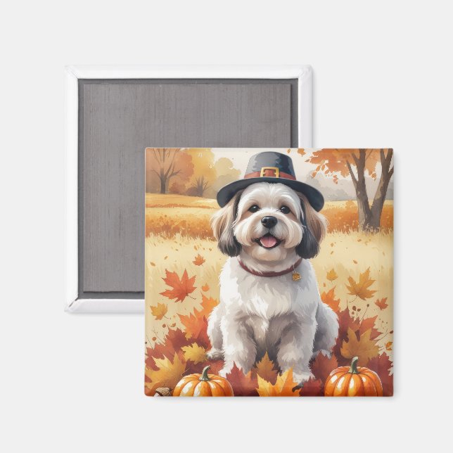 Lhasa Apso i höstlöv tackdagskonst Magnet (Front/Back)