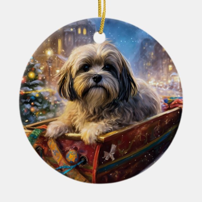 Lhasa Apso jul - högsäsong Julgransprydnad Keramik (Framsidan)