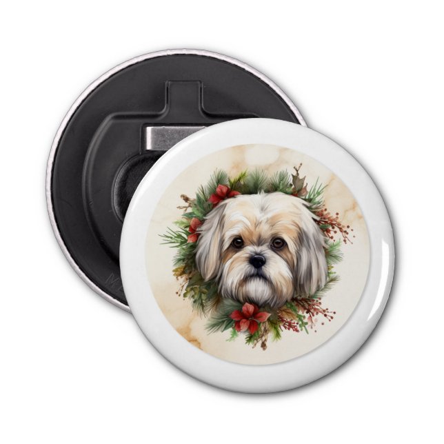 Lhasa Apso jul Utandning Festive Valp Flasköppnare (Framsidan)