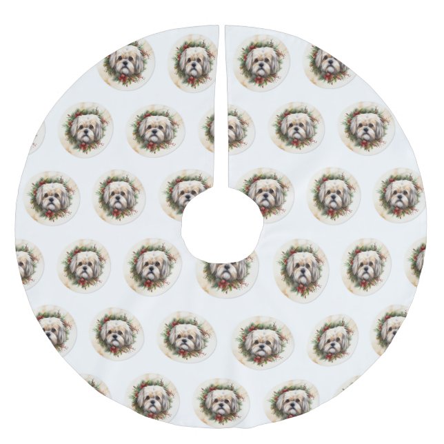 Lhasa Apso jul Utandning Festive Valp Julgransmatta Borstad Polyester (Framsidan)