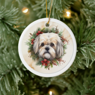 Lhasa Apso jul Utandning Festive Valp Julgransprydnad Keramik