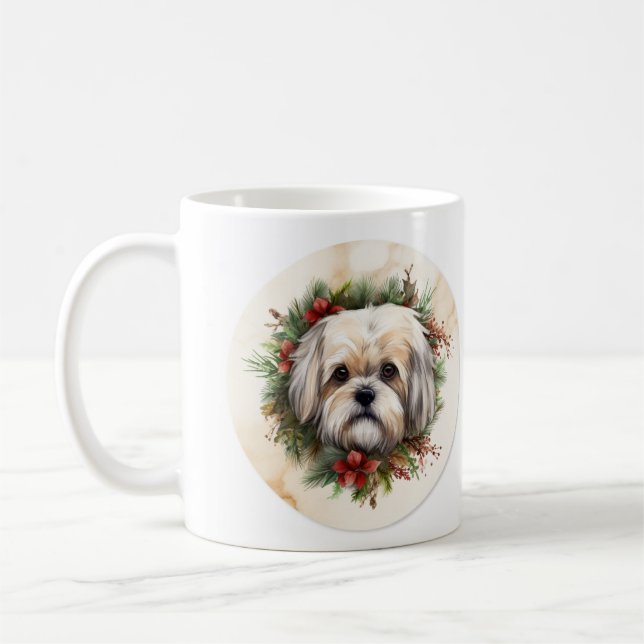Lhasa Apso jul Utandning Festive Valp Kaffemugg (Vänster)