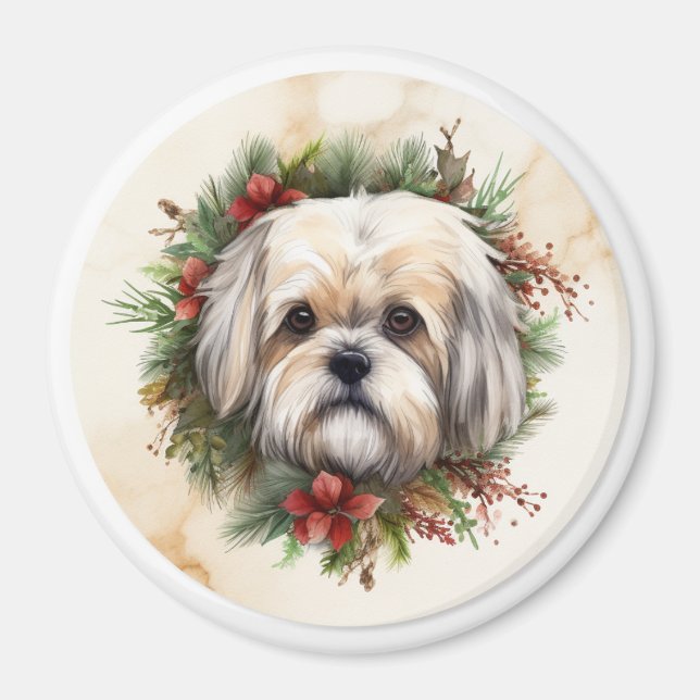 Lhasa Apso jul Utandning Festive Valp Magnet (Framsidan)