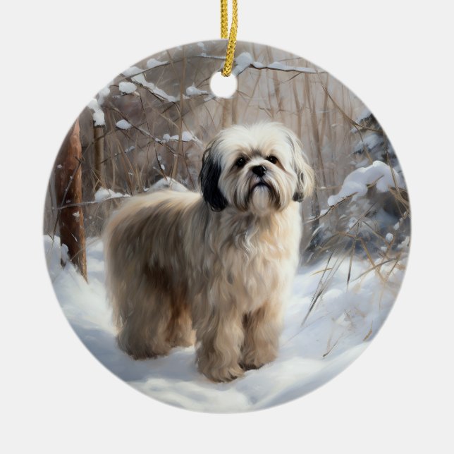 Lhasa Apso Låt det snöa jul Julgransprydnad Keramik (Framsidan)