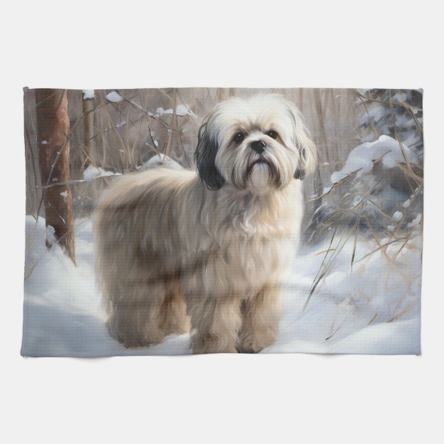 Lhasa Apso Låt det snöa jul Kökshandduk (Horisontell)