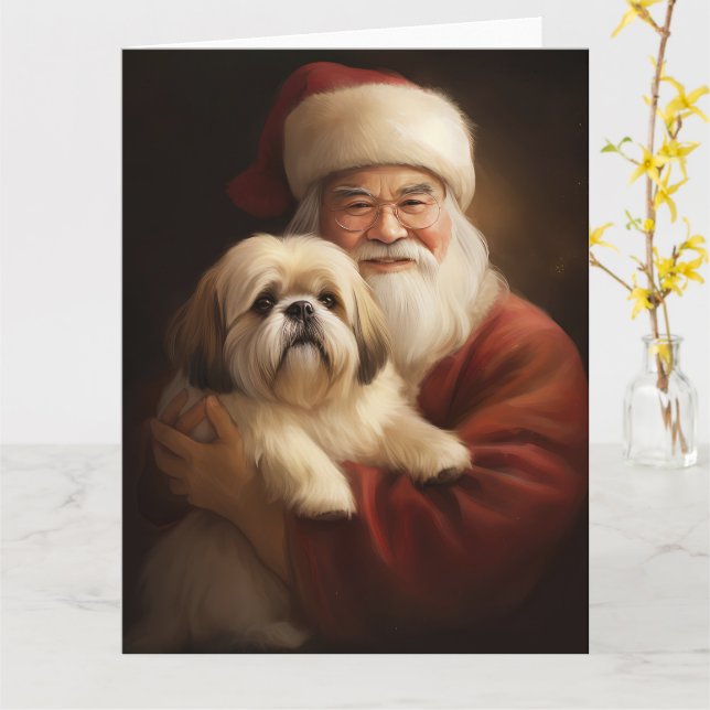 Lhasa Apso med Jultomten julafton Kort (Gul blomma)