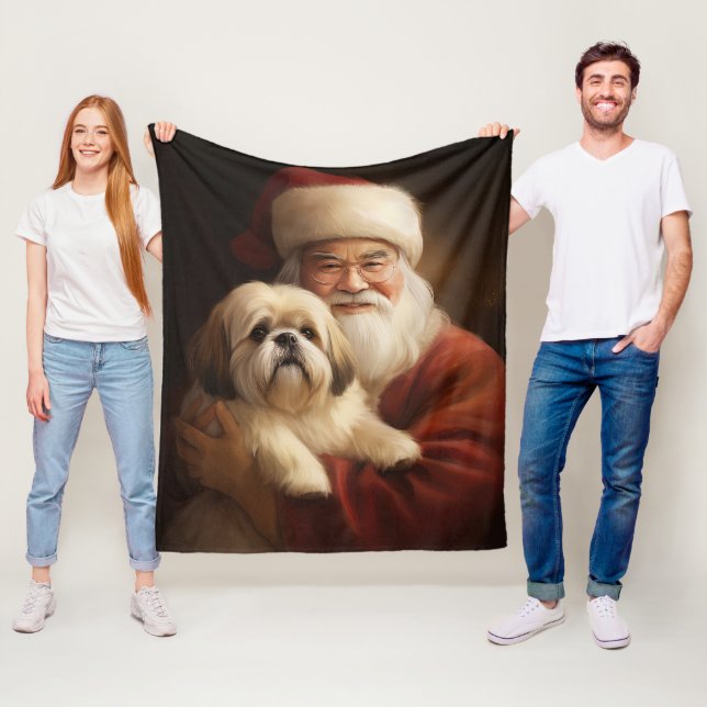 Lhasa Apso med Tomte Julfirande Jul  Fleecefilt (På plats)