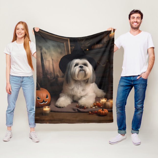Lhasa Apso Pumpa Halloween Skräckinjagande Fleecefilt (På plats)