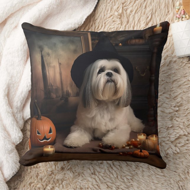 Lhasa Apso Pumpa Halloween Skräckinjagande Kudde (Filt)