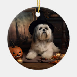 Lhasa Apso Pumpkins Halloween Scary Julgransprydnad Keramik