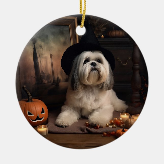 Lhasa Apso Pumpkins Halloween Scary Julgransprydnad Keramik (Framsidan)