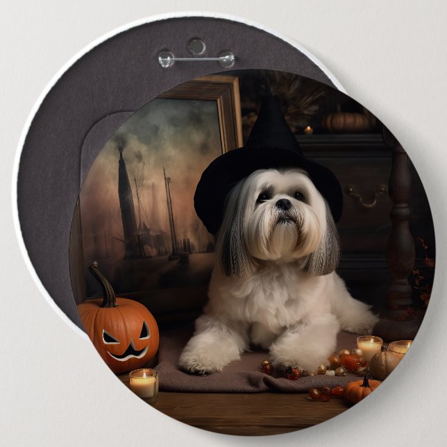 Lhasa Apso Pumpkins Halloween Scary Knapp (Framsida & baksida)