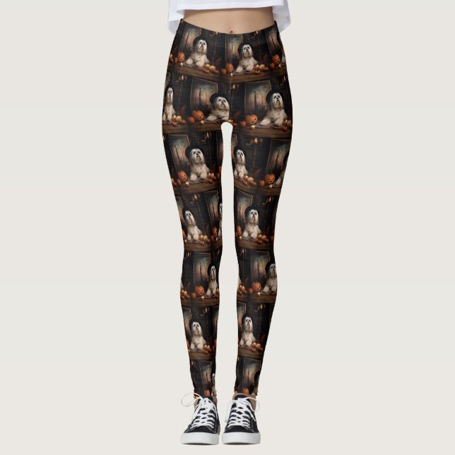 Lhasa Apso Pumpkins Halloween Scary Leggings (Framsida)