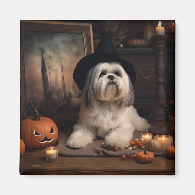 Lhasa Apso Pumpkins Halloween Scary Magnet (Framsidan)