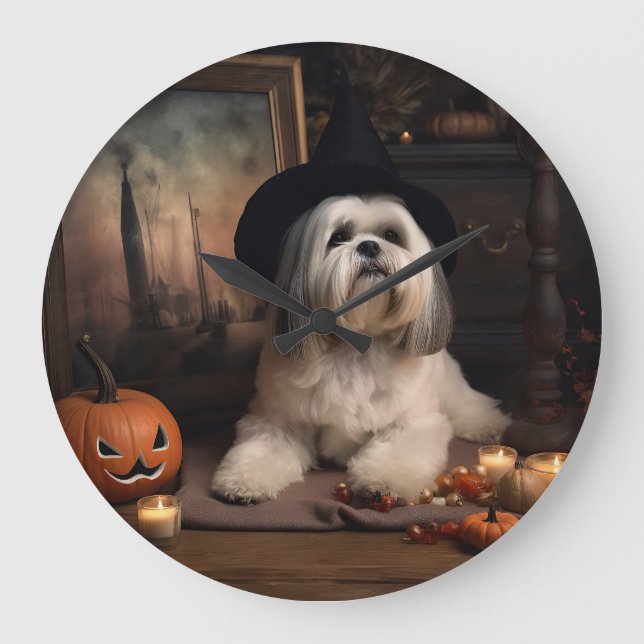 Lhasa Apso Pumpkins Halloween Scary Stor Klocka (Framsida)