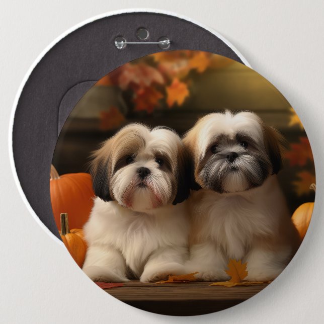 Lhasa Apso Puppy Autumn Delight Pumpkin Knapp (Framsida & baksida)
