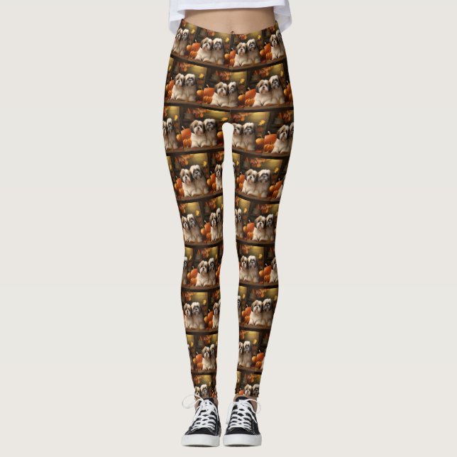 Lhasa Apso Puppy Autumn Delight Pumpkin Leggings (Framsida)