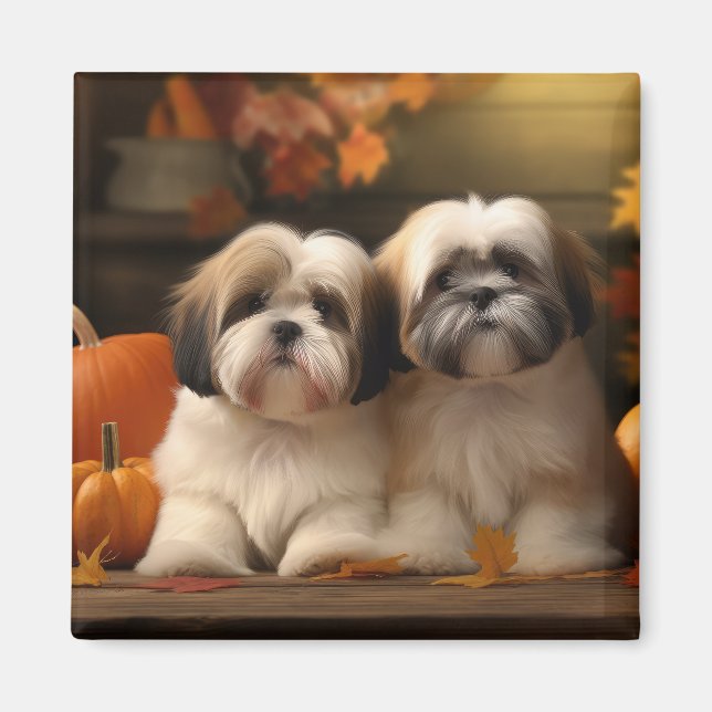 Lhasa Apso Puppy Autumn Delight Pumpkin Magnet (Framsidan)