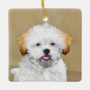 Lhasa Apso Puppy Painting - Cute Original Hund Art Julgransprydnad Keramik