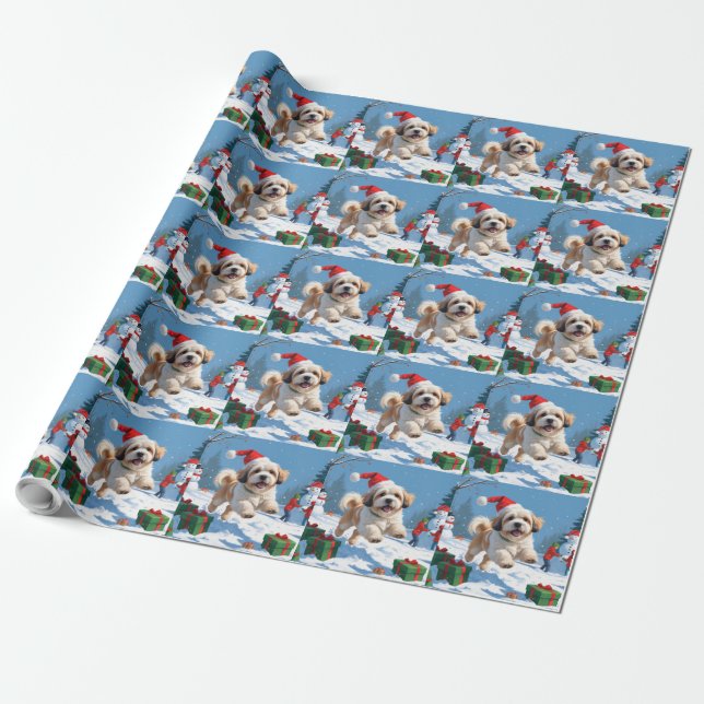 Lhasa Apso Runin i Snö med julklapp Presentpapper (Utrullad)