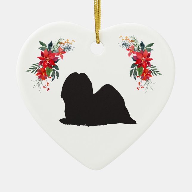 Lhasa Apso Silhouette med Namn Poinsettia Julgransprydnad Keramik (Framsidan)