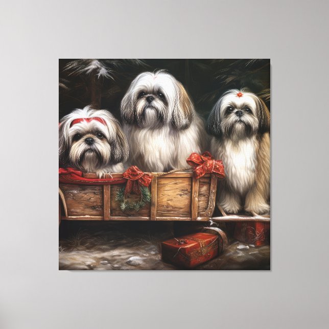 Lhasa Apso Snöig släde juldekoration Canvastryck (Framsida)