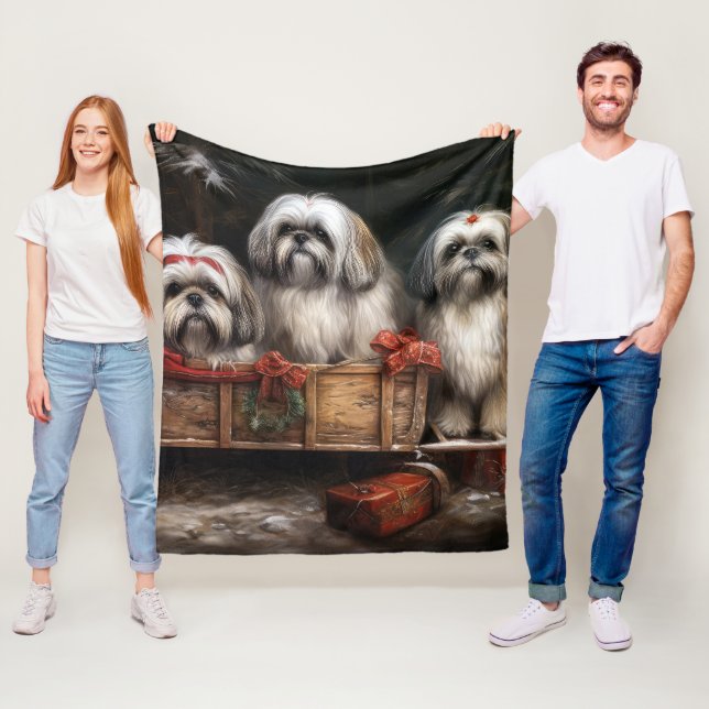 Lhasa Apso Snowy Sleigh Juldekretet Fleecefilt (På plats)