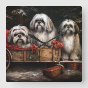 Lhasa Apso Snowy Sleigh Juldekretet Fyrkantig Klocka