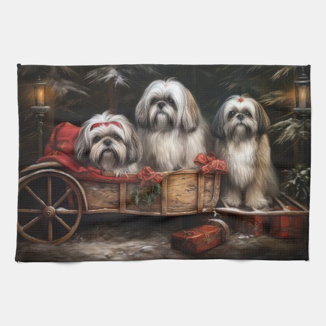Lhasa Apso Snowy Sleigh Juldekretet Kökshandduk (Horisontell)