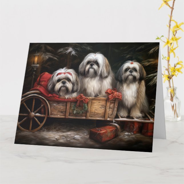 Lhasa Apso Snowy Sleigh Juldekretet Kort (Gul blomma)