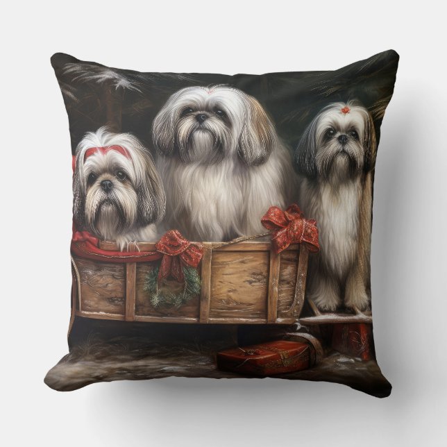 Lhasa Apso Snowy Sleigh Juldekretet Kudde (Framsida)