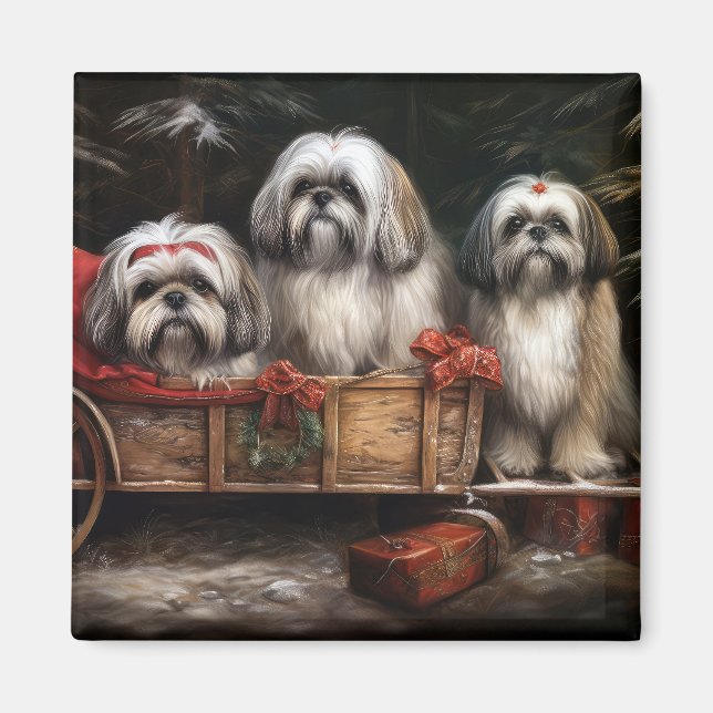 Lhasa Apso Snowy Sleigh Juldekretet Magnet (Framsidan)