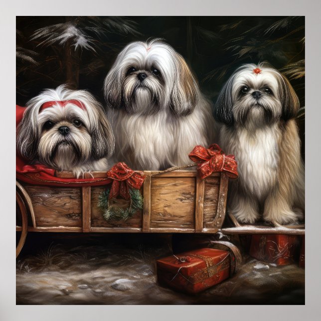 Lhasa Apso Snowy Sleigh Juldekretet Poster (Framsidan)